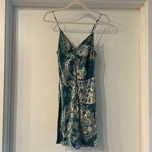 Teal and cream paisley print mini dress